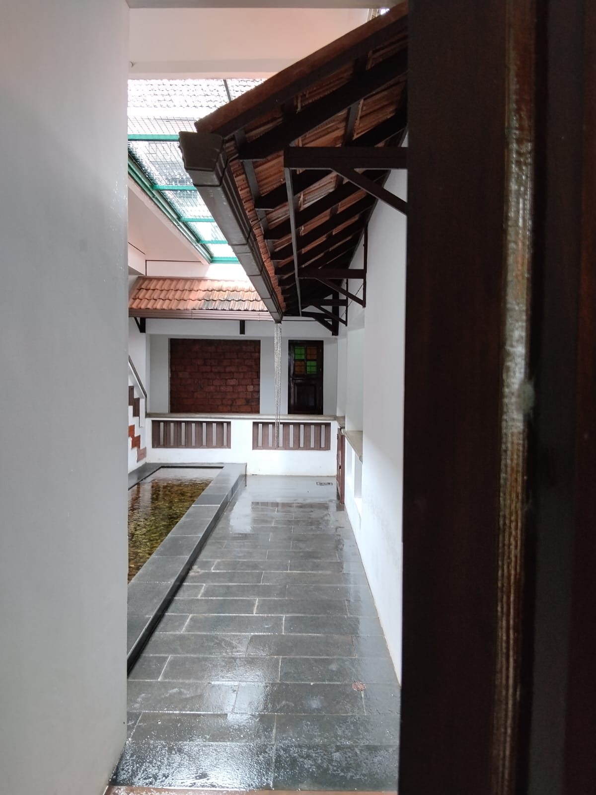 Covered heritage walkway on a rainy day