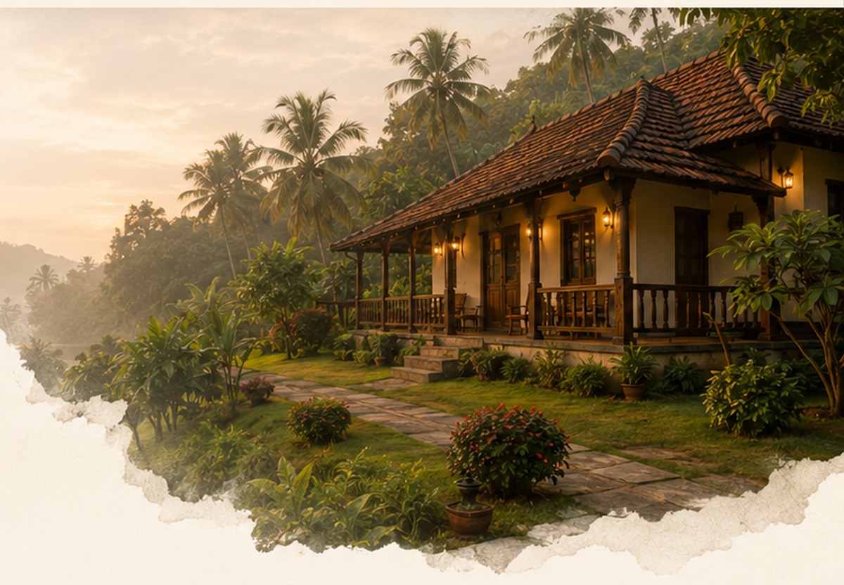 Traditional Kerala homestay surrounded by palm trees and greenery